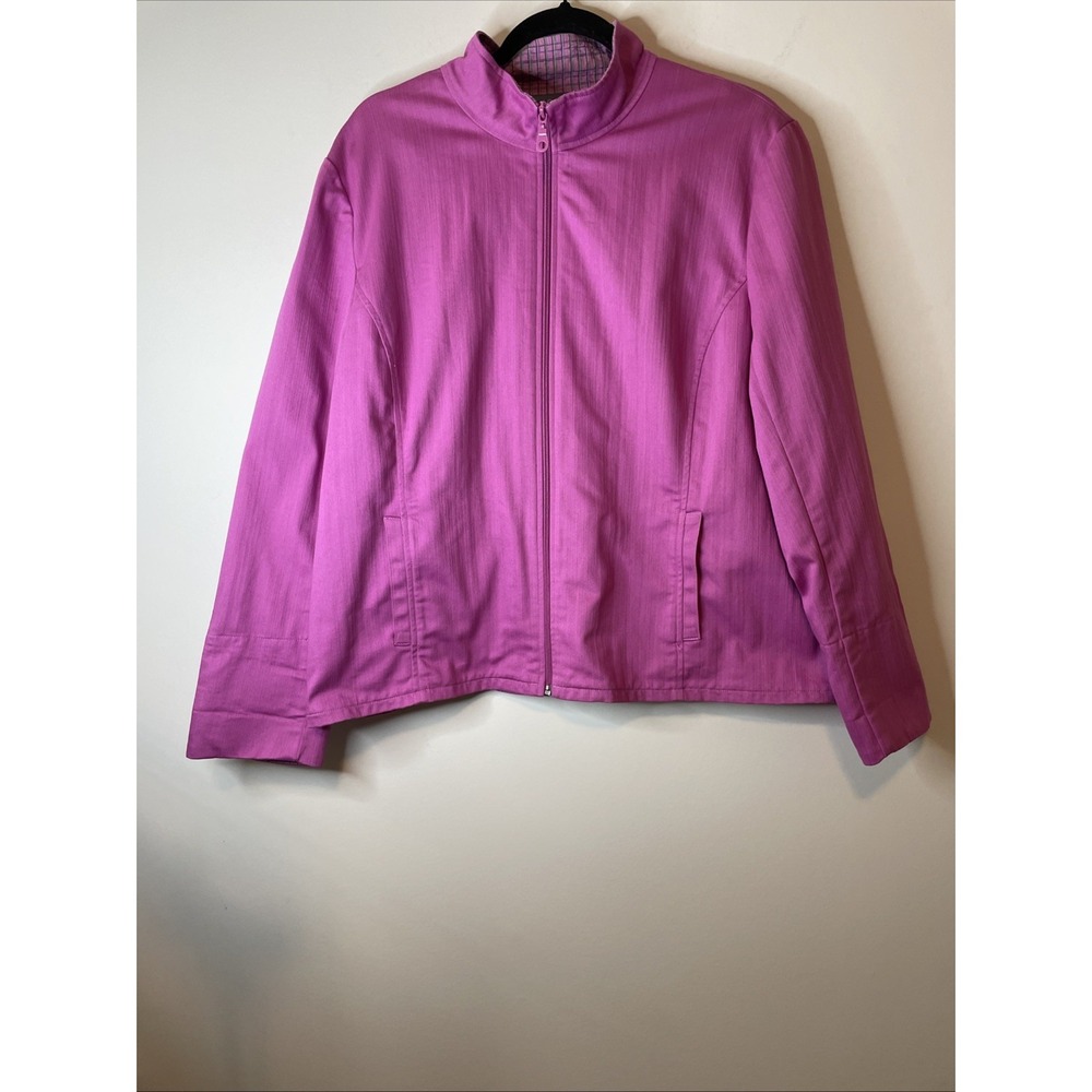 Koret XL Pink Zip Front Jacket Plaid Trim Lightweight Casual Preppy
